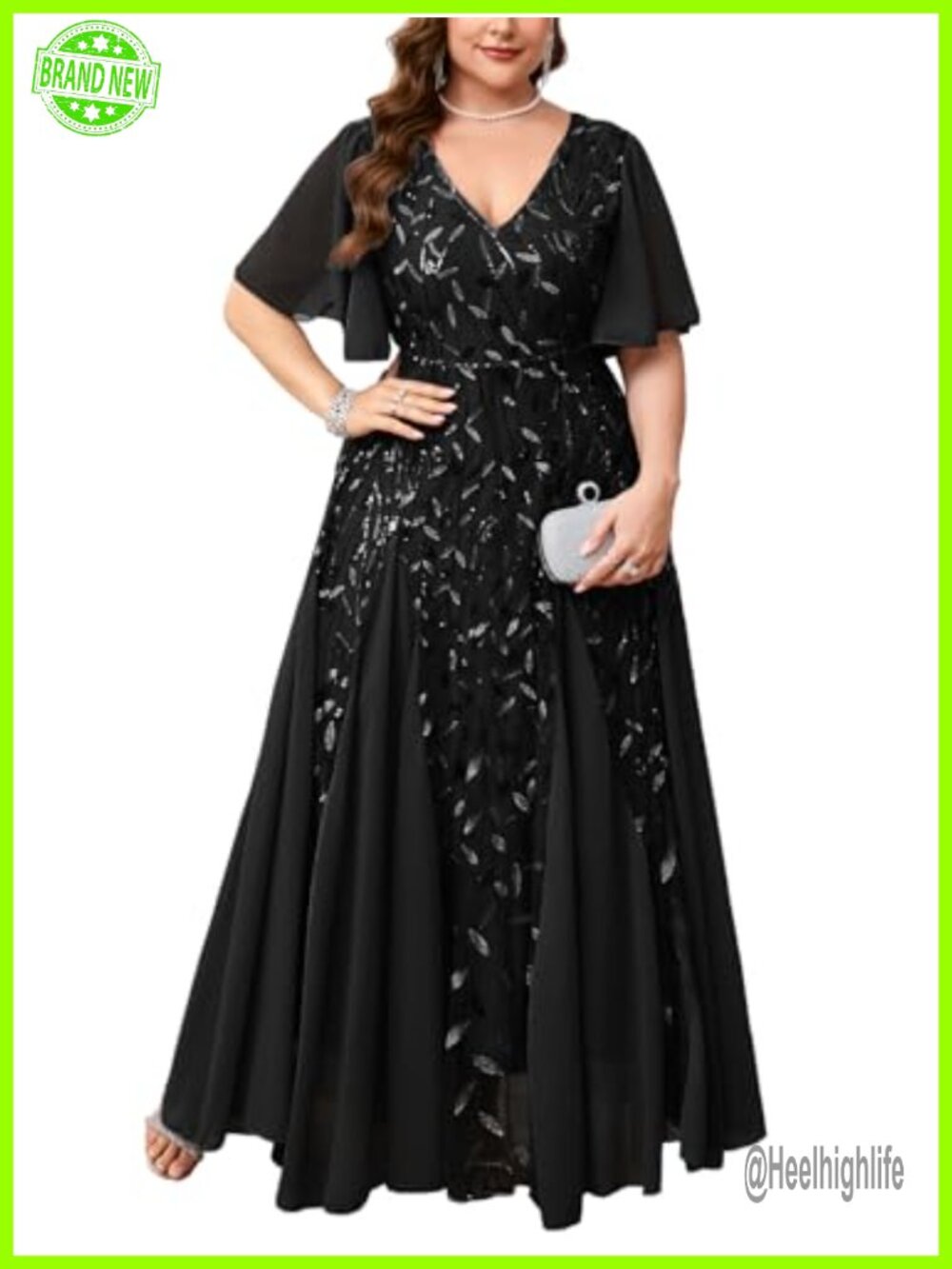 Plus Size Sequin Embroidery Formal Long Dress Glitter V-Neck A-Line Evening
